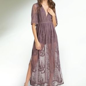 Haute Monde dusty purple lace semi sheer lace boho festival maxi dress NWT Sz M